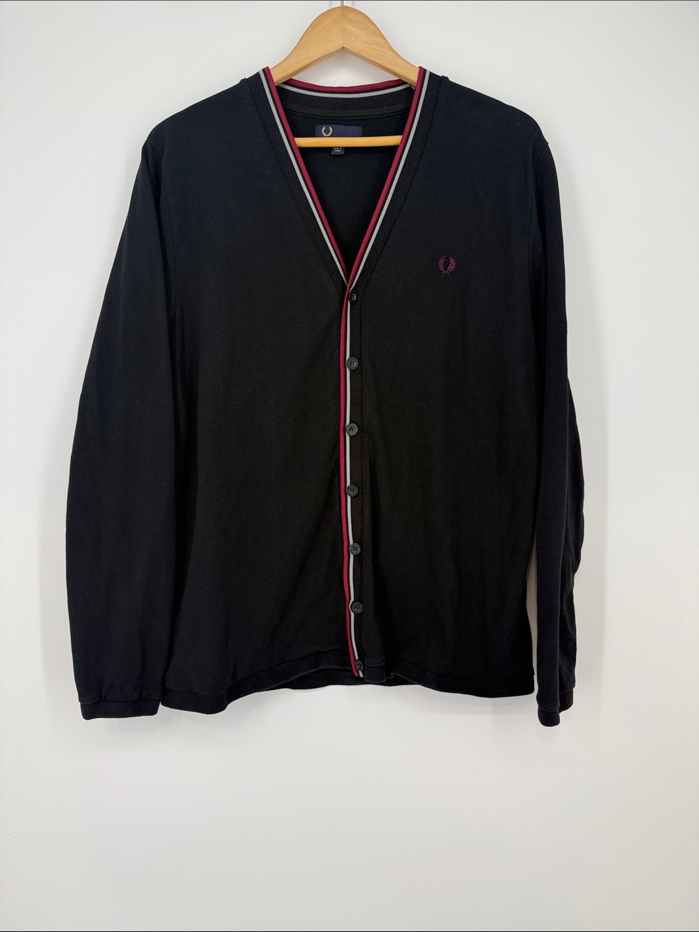 Fred Perry Black Cardigan with Red and White Trim Size XL